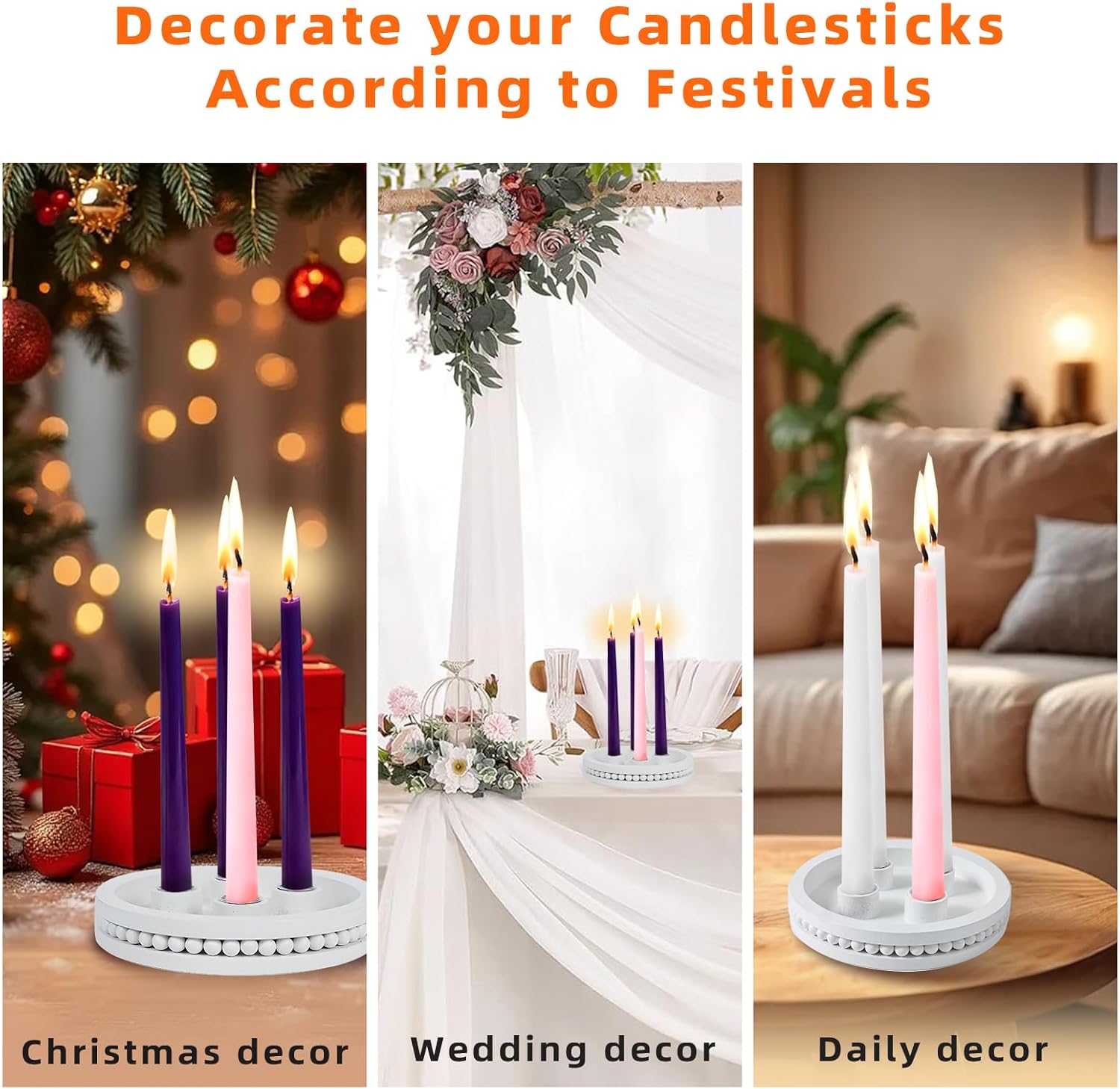 Skiennix 7-Inch Wooden Candle Holder - Elegant Advent Wreath with Bead Design for Christmas Decor | White