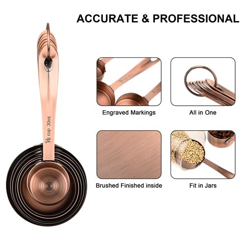IFFMYJB Copper Measuring Cups and Spoons Set of 18, 7 Measuring Cups, 9 Measuring Spoons, Stainless Steel Measuring Spoons and Cups for Dry & Wet Ingredients During Kitchen & Baking