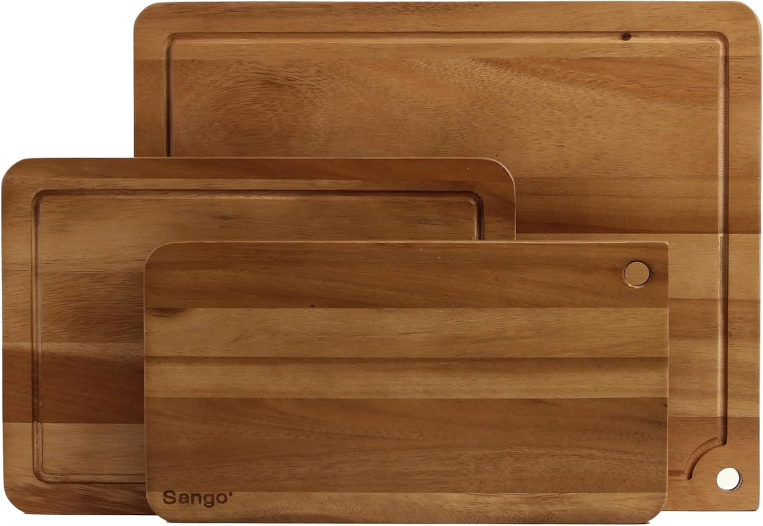Sango Acacia Cutting Board Set - 3-Piece Wood Chopping Boards with Juice Grooves & Hanging Holes | Stackable, Reversible, Non-Toxic Design for Kitchen