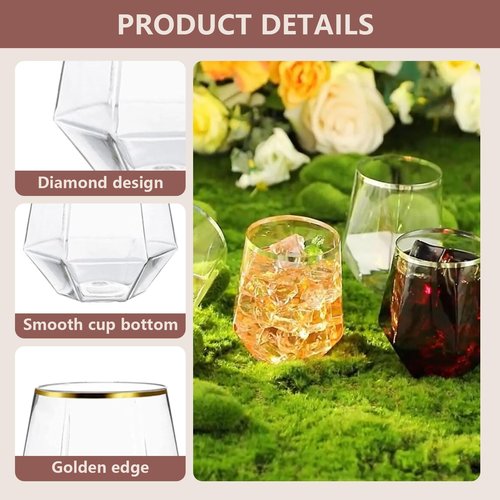 Hyuetrsa 100 Pcs 12 Oz Plastic Wine Cups Gold Rim Plastic Diamond Wine Glass Disposable Stemless Wine Glasses Unbreakable Diamond Wine Glasses for Housewarming Birthday Party Wedding