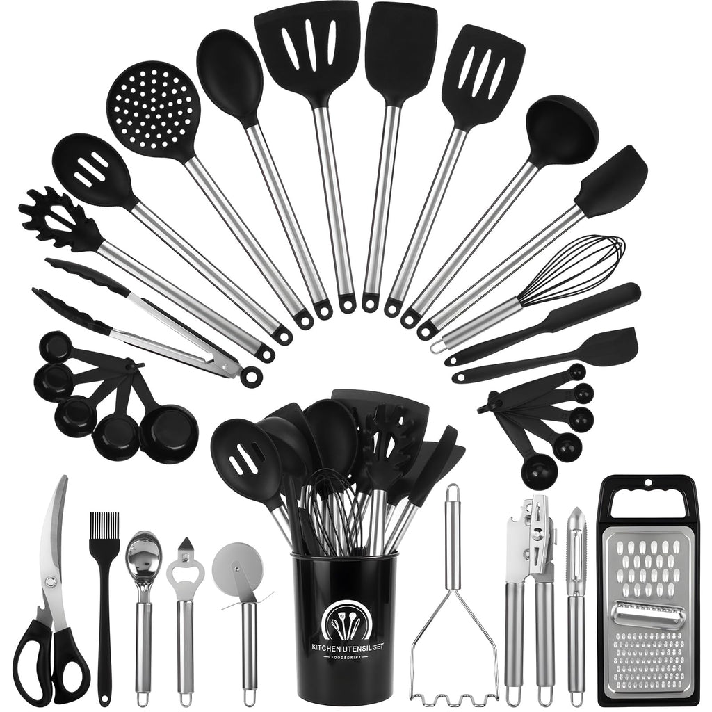 33 Pack Non-Stick black silicone cooking utensils set, Heat Resistant & Dishwasher Safe with Stainless Steel Handles for Non-Scratch Cooking and Baking，Outdoor Cooking, and Small Apartments
