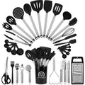 33 Pack Non-Stick black silicone cooking utensils set, Heat Resistant & Dishwasher Safe with Stainless Steel Handles for Non-Scratch Cooking and Baking，Outdoor Cooking, and Small Apartments