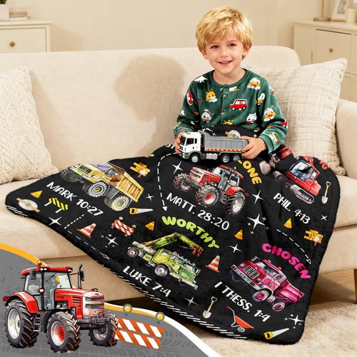 Kids Christian Truck Blanket for Boys - God Says I Am Construction Trucks Bible Verse Gifts for Truck Tractor Lovers Toddlers - Super Soft Flannel Throw Sheets 50" x 40" Decor for Crib Nap Couch Sofa