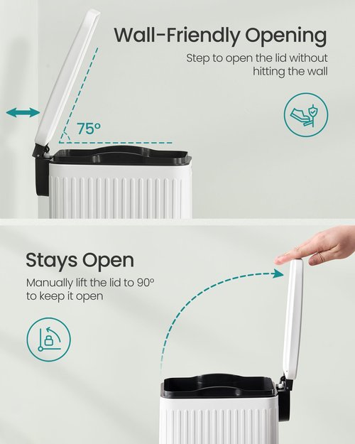 SONGMICS Bathroom Trash Can, 1.6-Gallon (6 L) Trash Bin with Lid, Slim for Small Spaces, Stainless Steel Garbage Can, Soft Close, White ULTB563W02