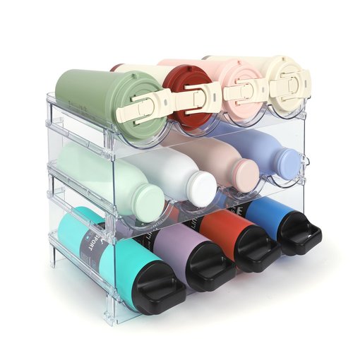 TIDY SAVANT Water Bottle Organizer - 3 Pack Clear Stackable Bottle Storage Rack and Wine Rack for Stanley Yeti Bottle and Other Tumbler Organizer for Kitchen Cabinets, 3 Tier Hold 12