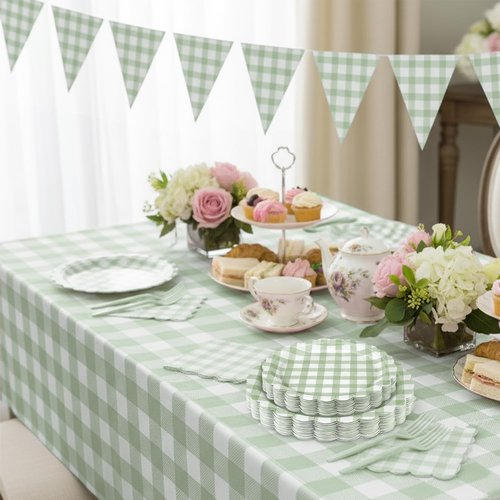 175 PCS Sage Green Gingham Party Supplies Includes Green Gingham Paper Plates, Cups, Napkins, Cutlery for Wedding Bridal Shower Birthday Baby Shower Party Decorations, Serves 25