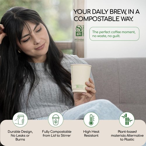 Living Balance Certified Compostable Coffee Cups with Bagasse Lids 12 oz – 75 Pack Cups with Stirrers & Integrated Sleeves | Leak Proof, BPA-Free & CPLA Certified Plant-based | To-Go cup for Drinks