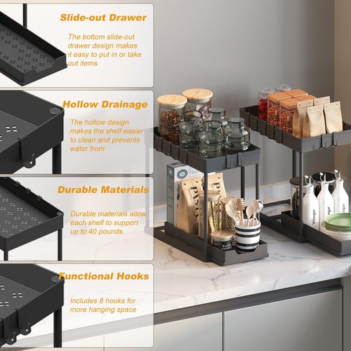 Meltrck Under Sink Organizer 2 Pack,Bathroom Under Cabinet Storage with Pull Out Sliding Drawers for Kitchen Organization,12.8 Inch,Black