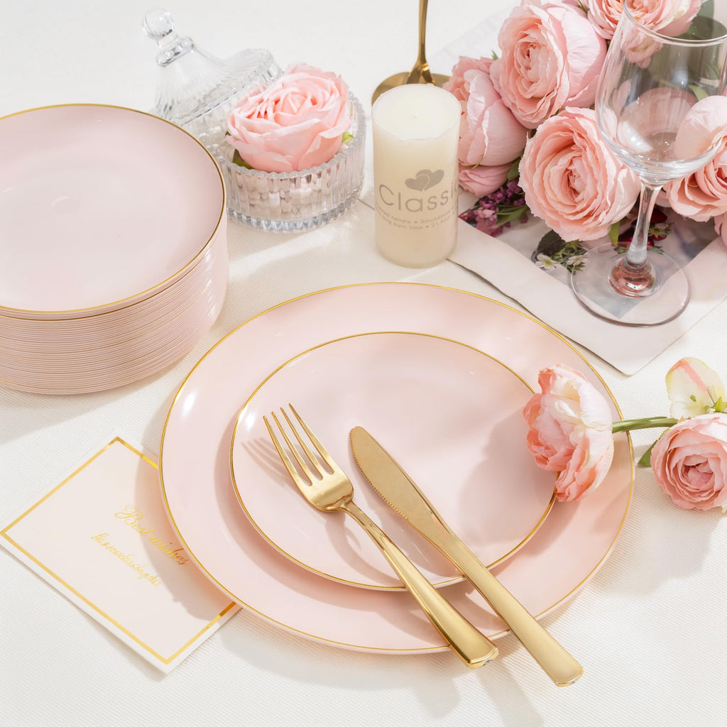 PULOTE 200Pieces Pink Plastic Plates - Premium Hard Pink and Gold Disposable - Include 100PCS 10 inch Dinner & 100PCS 7 inch Dessert Plates, Ideal for Wedding, Party & Mother's Day
