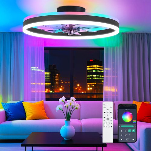 SAMPHON RGB Ceiling Fans with Lights, 19.7" Smart Low Profile Ceiling Fan, Modern Flush Mount Fandelier Light with Remote/APP Control, Dimmable Led Ceiling Fan Light for Living Room, Bedroom, Indoor