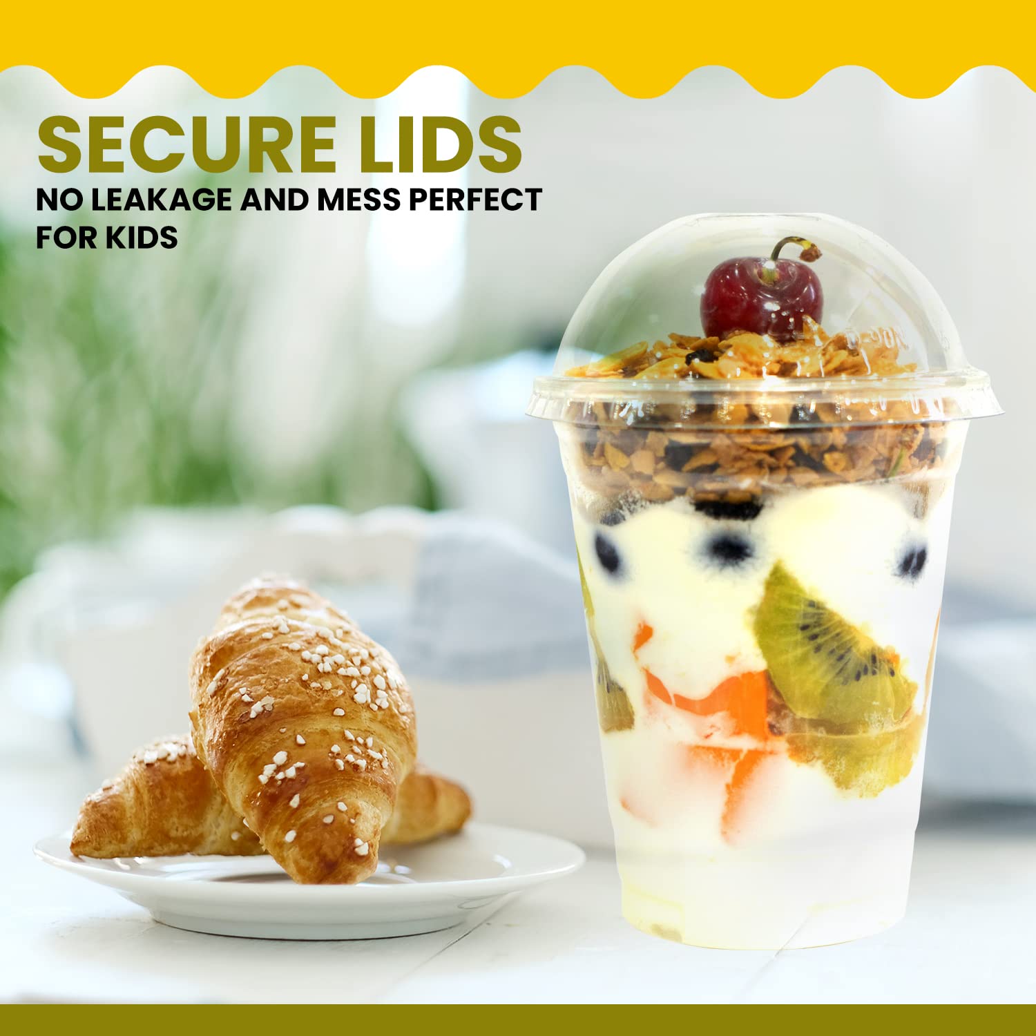 Parfait Cups - 9 Oz - 50 Set - Reusable Dessert Cups With Flat Lids & Inserts - Crystal Clear Plastic - Spill and Leak Proof