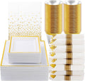 Goodluck 352 Pieces Gold Dinnerware Set for 50 Guests, Thanksgiving Square Plastic Plates with Gold Trim, Include: 100 Plastic Plates, 50 Rolled Napkins, 50 Cups, 50 Cutlery Set and 2 Tablecloth