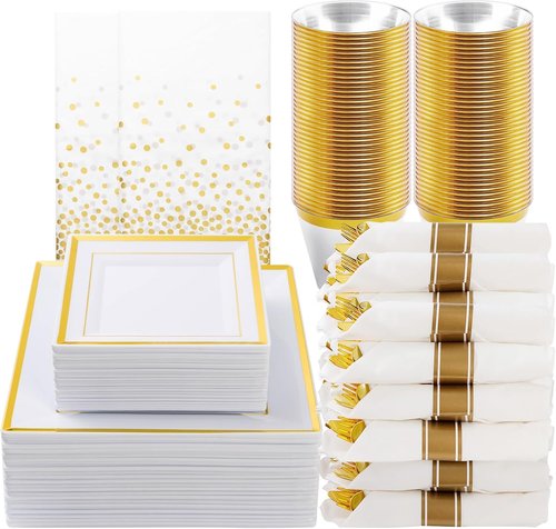 Goodluck 352 Pieces Gold Dinnerware Set for 50 Guests, Thanksgiving Square Plastic Plates with Gold Trim, Include: 100 Plastic Plates, 50 Rolled Napkins, 50 Cups, 50 Cutlery Set and 2 Tablecloth