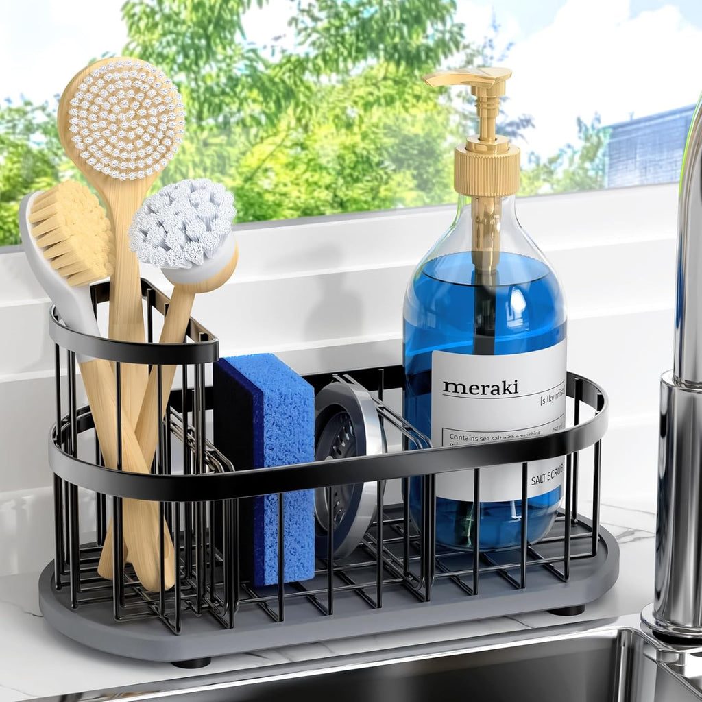 Stay-Dry Sponge Holder | Rustproof Stainless Steel Kitchen Sink Caddy with Water Absorbing Stone Tray - Black
