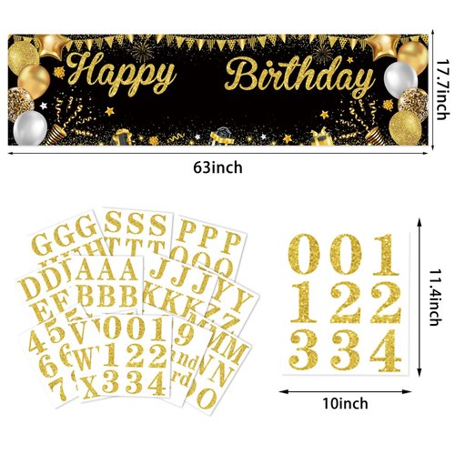 Personalized Birthday Banner for Party, with Name & Ages Option-Custom DIY Alphabet & Numbers Stickers Birthday Party Backdrop Indoor/Outdoor Celebrations (Black Gold)