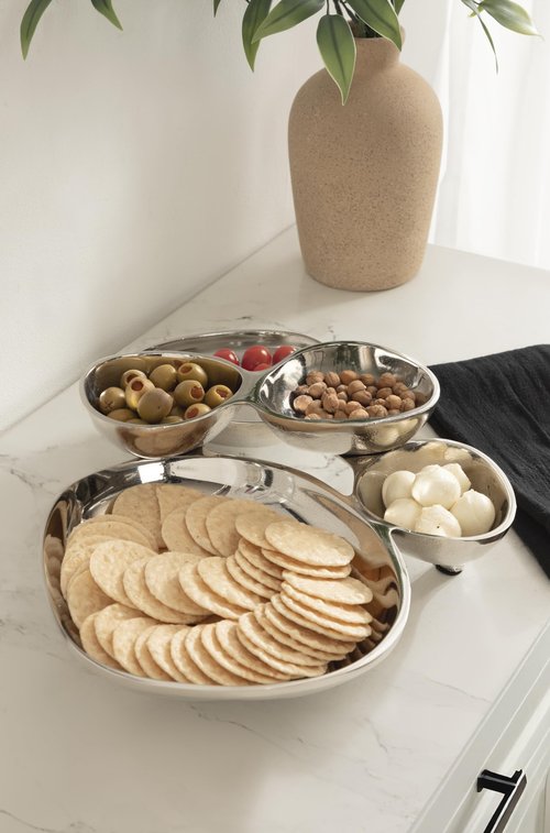 Kate and Laurel Cluso Modern Metal Tabletop Footed Cluster Tray, 14 x 10, Shiny Silver, Sculptural Cast Aluminum Food-Safe Tray for Kitchen or Entryway Decor
