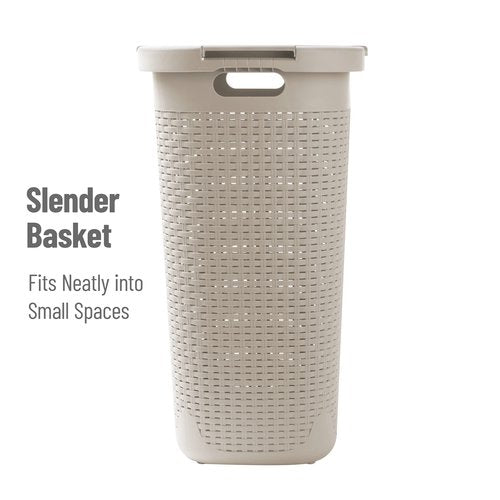 Mind Reader Slim Laundry Hamper with Lid, 60L Tall Clothes Basket, Narrow Tapered Design for Bathrooms, Closets and Laundry Rooms, Plastic, Ivory