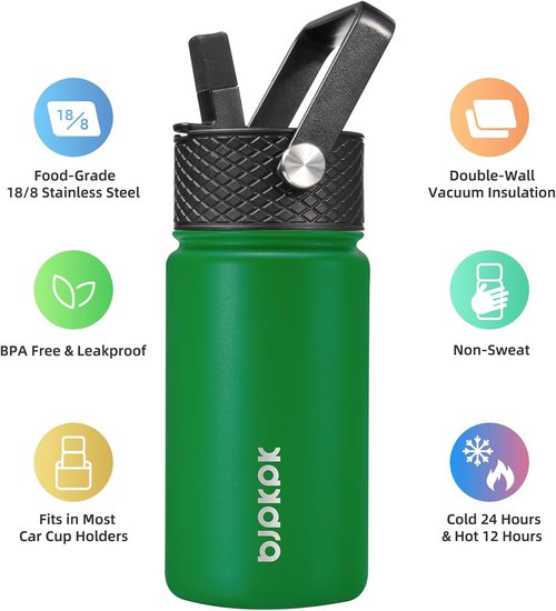 BJPKPK Insulated Water Bottle - 15 oz Stainless Steel Flask with Straw Lid | Reusable, Leak-Proof, BPA-Free, Macaron-Matcha