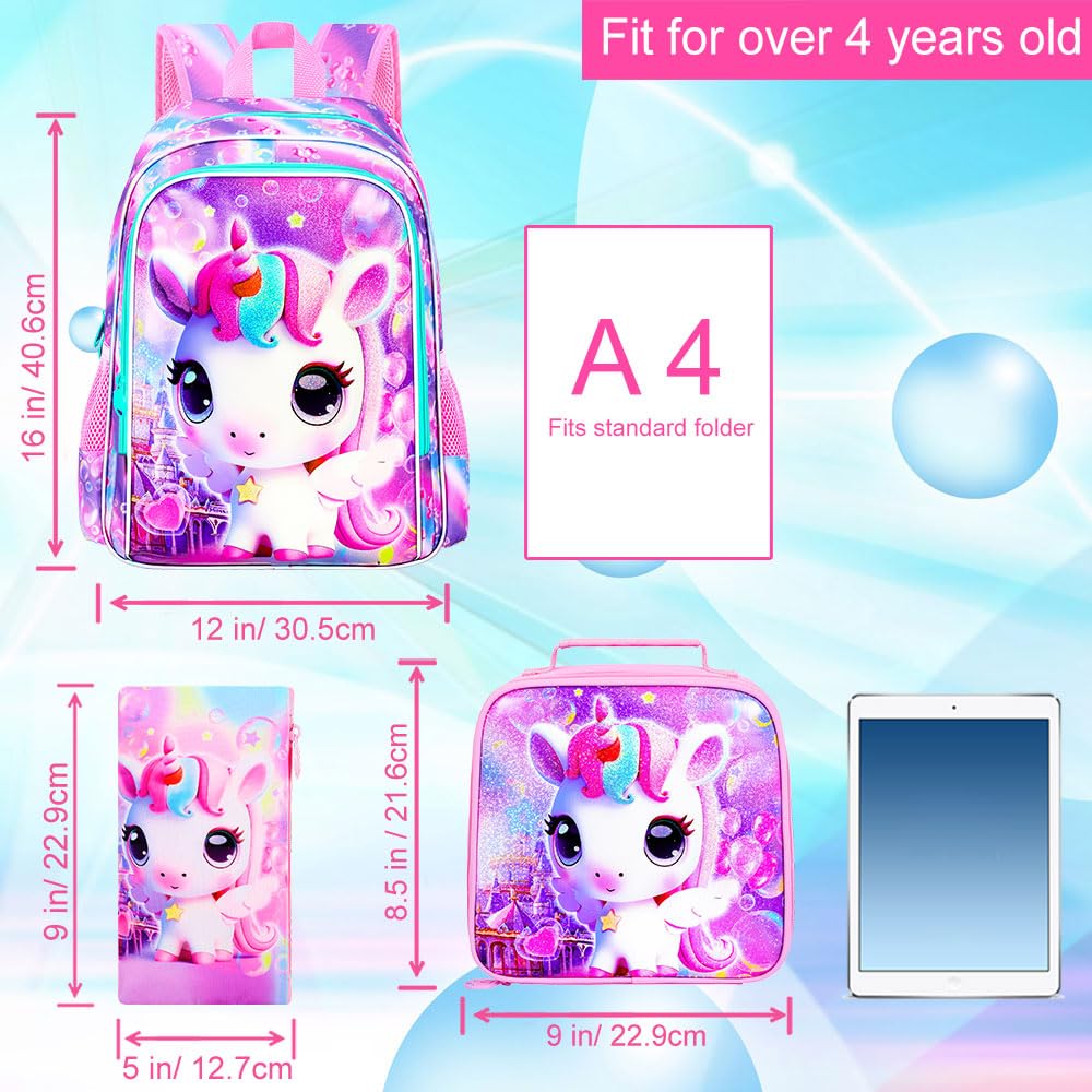 KLFVB 3PCS Unicorn Backpack, Water Resistant Kids Bookbag with Lunch Box for Girls, 16" Preschool Backpacks for Elementary - Small Unicorn