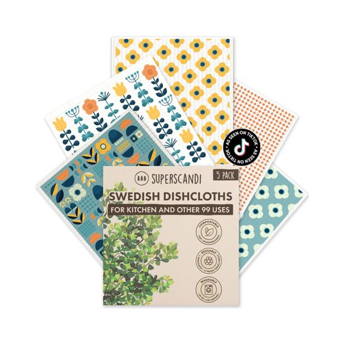 SUPERSCANDI 5 Pack Swedish Dishcloths for Kitchen - 100% Biodegradable & Compostable | Reusable Paper Towels Washable, Food-Safe & Without Plastic - Dish Rags Suitable for Any Surface | Scandi Design