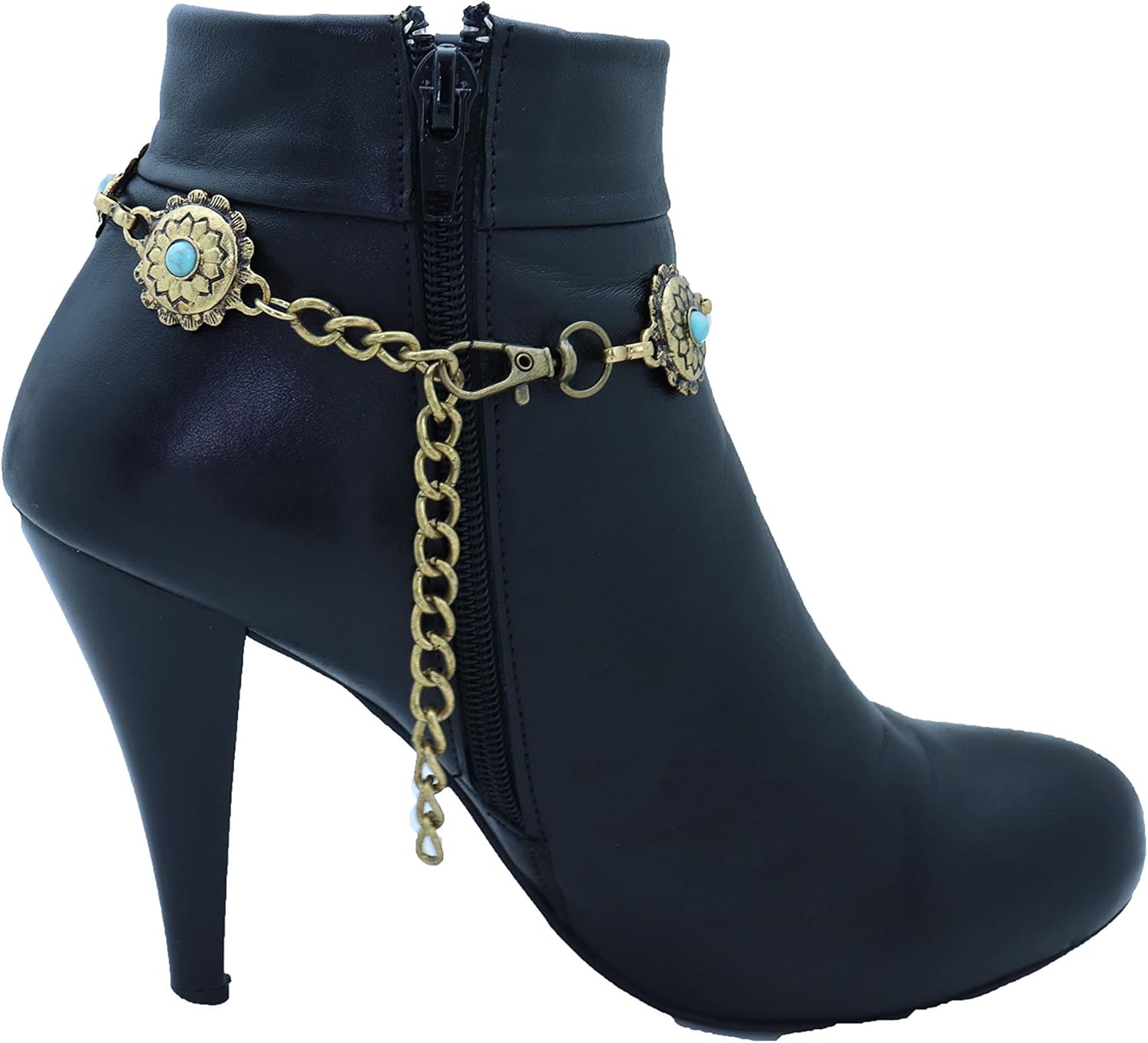 Skiennix Antique Metal Boot Chain Anklet - Western Fashion Jewelry with Turquoise Blue Beads