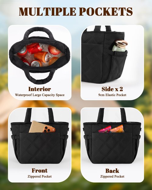 Afuosy Insulated Lunch Box for Women Men, Soft & Puffy Lunch Bag, Large Capacity Leakproof Reusable Tote Cooler Bag with 4 Pockets, Adjustable Strap, Ideal for Work, Outdoors, Picnic, Travel (Black)