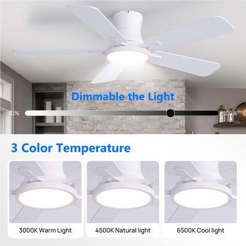 Fanbliss Ceiling Fans with Lights, 44 Inch Flush Mount Ceiling Fan, Remote Control, Reversible, 3CCT, Dimmable, Noiseless, White Small Ceiling Fan for Bedroom, Indoor/Outdoor Use
