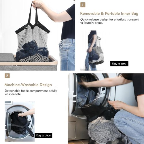 DOKEHOM 160L Double Laundry Basket - Large Collapsible Hamper with Removable Lid & Bags | Dark Grey