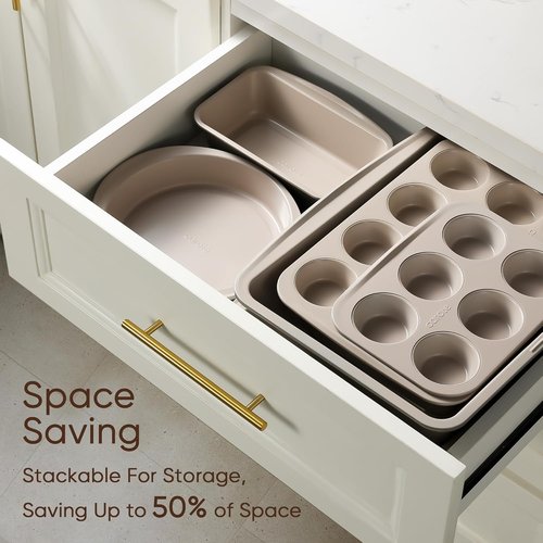 CAROTE 7-Piece Nonstick Bakeware Set - Stackable Baking Pans Including Cookie Sheets, Muffin Pan, & More | Gray & Khaki