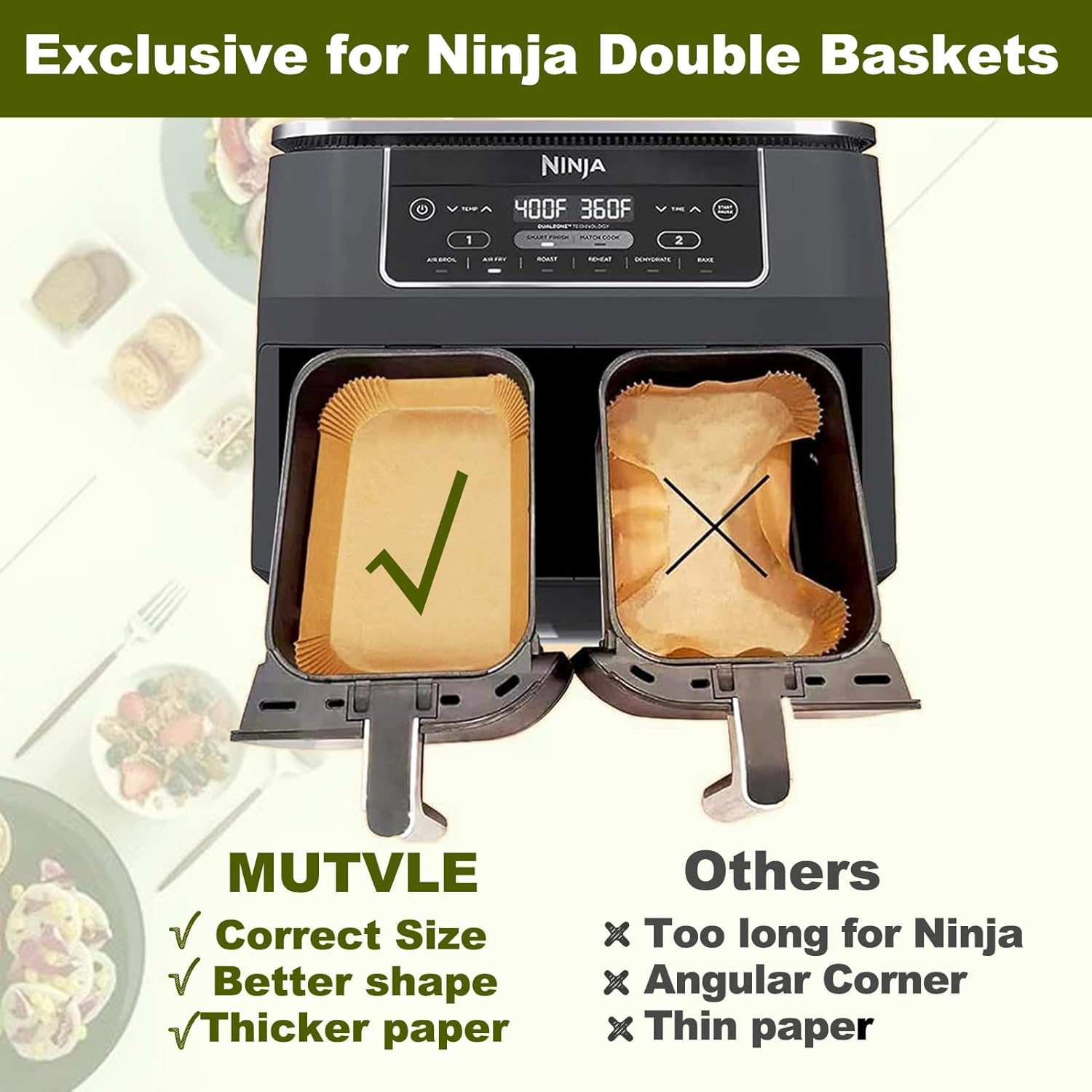 Ninja Air Fryer Liners - Disposable Parchment Paper for Dual DZ201 | Rectangle Accessories