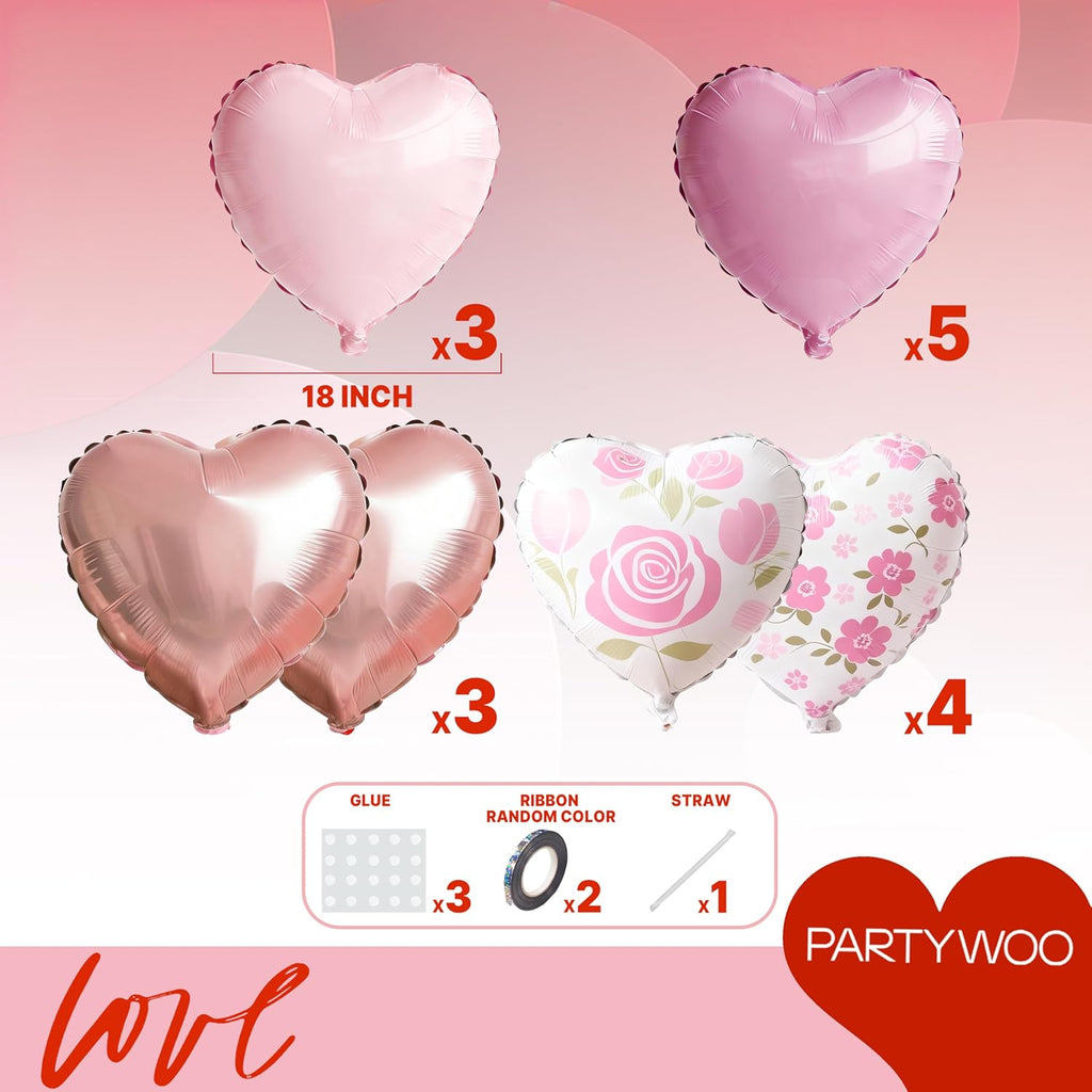 PartyWoo Pink Balloons - 127 Pcs in Various Sizes & 15 Pcs Heart Foil for Valentine's Day Decor