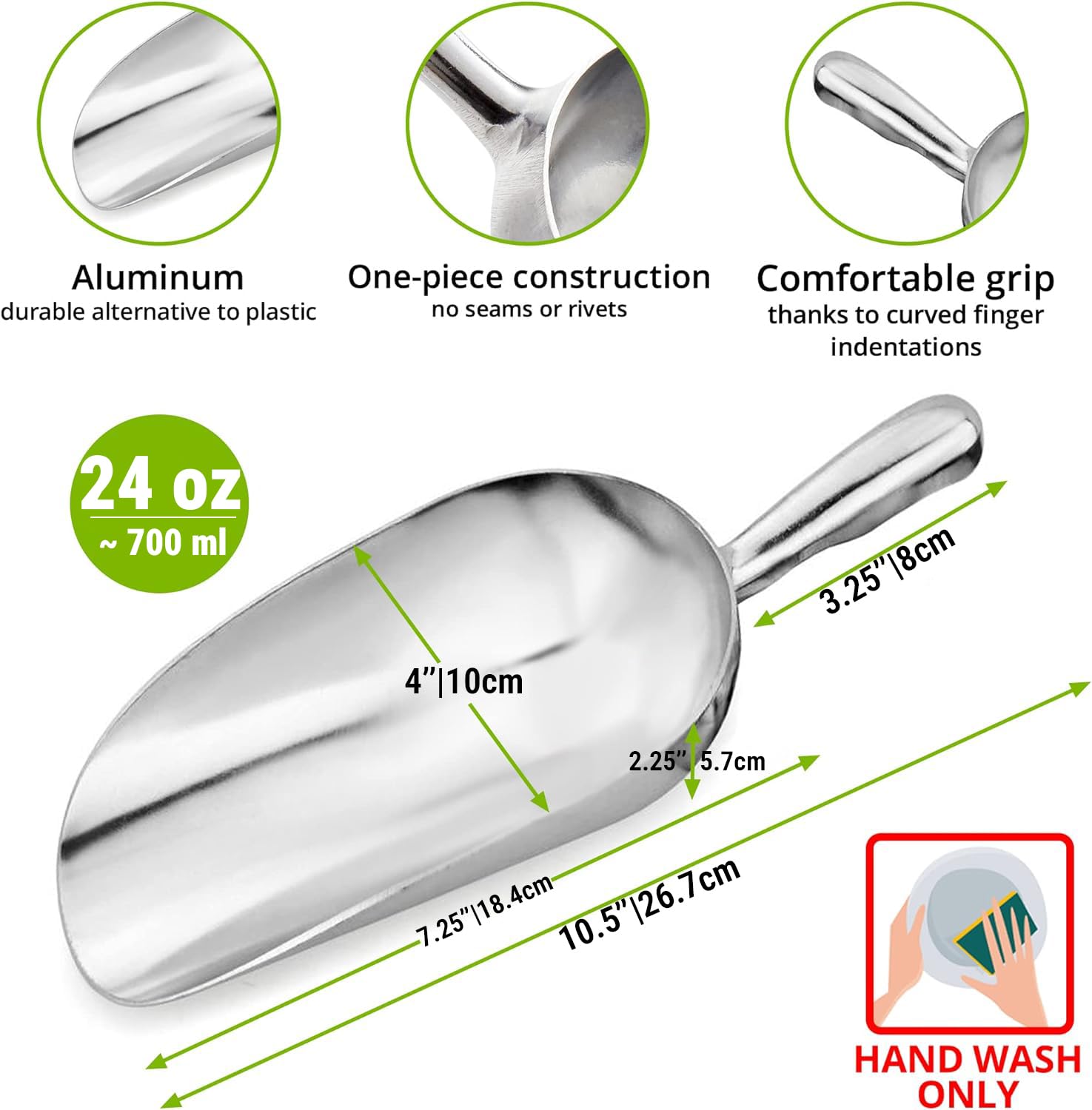 [Set of 3] 24oz + 58oz + 85oz Metal Scoops for Ice Machine - Large Aluminum Ice Scoop Bundle - Hand Wash Only