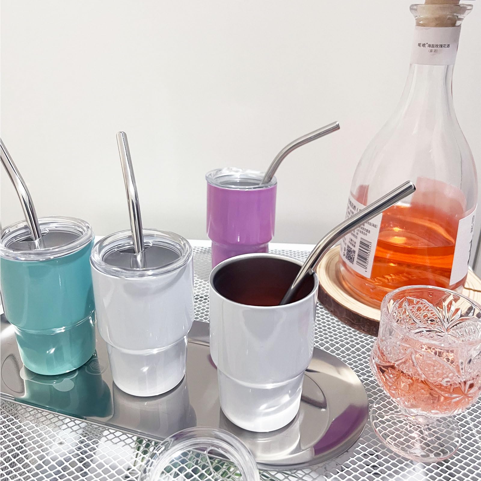 BEDAZE 3 oz Mini Tumbler Shot Glass with Straw，Sublimation Double layer metal Blank Stainless Steel Cute Shot Glasses Set with Lids for Party drinks, coffee, cocktails (12pcs-white)