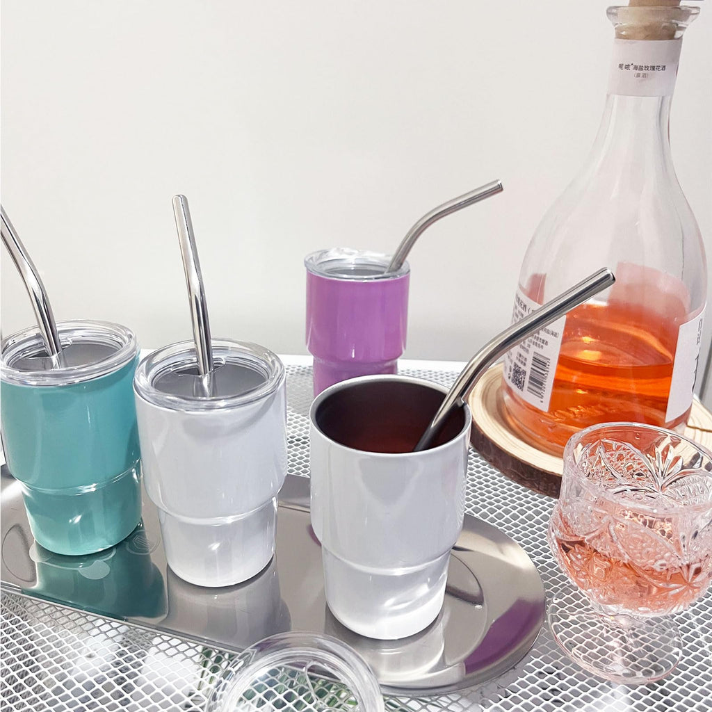 BEDAZE 3 oz Mini Tumbler Shot Glass with Straw，Sublimation Double layer metal Blank Stainless Steel Cute Shot Glasses Set with Lids for Party drinks, coffee, cocktails (12pcs-white)