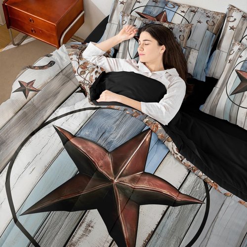 Western Texas Star Sheet Sets 7 Piece, Rustic Farmhouse Comforter Set Queen Size, Retro Cowboy Bedding Set For Kids Teens Adult Men Bedroom, Country Wooden Door Bed In A Bag Western Home Decor