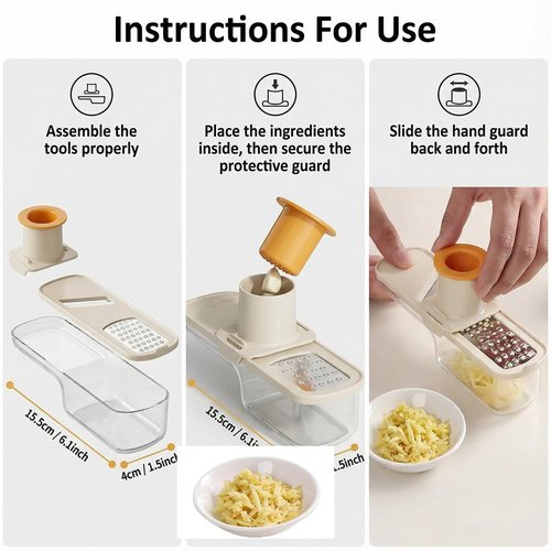 1PCS 3-in-1 Multifunctional Garlic Grinder– Stainless Steel Slicer/Shredder/Grinder with Hand Guard, Transparent Container & Blade Storage,Safe Food Slicer, Easy to Use & Clean