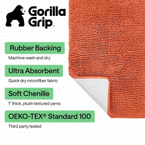 GORILLA GRIP Bath Rug Mat - Thick Soft Absorbent Chenille | Quick Dry Microfiber, 60x24 Coral