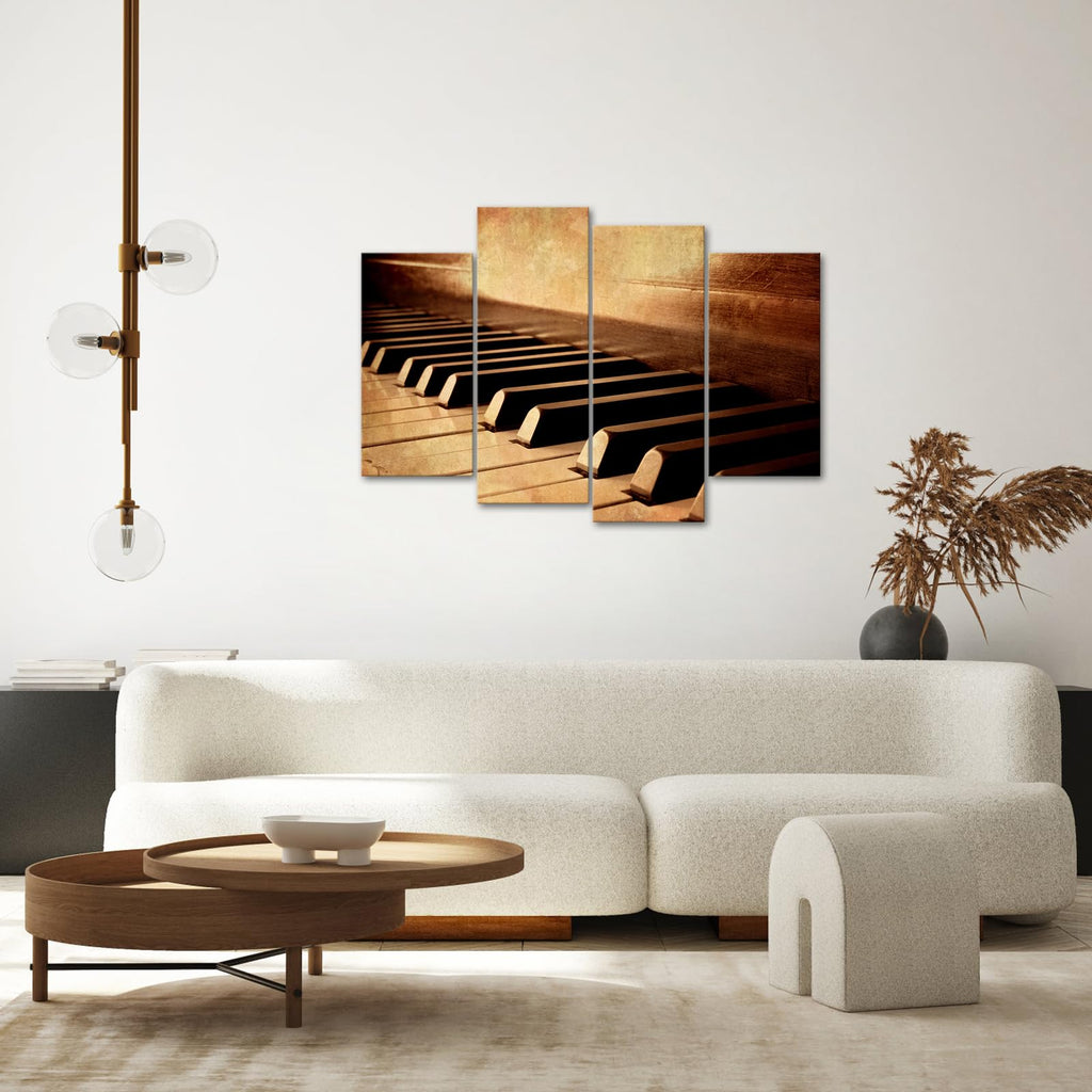 LevvArts - 4 Panels Piano Wall Art Canvas Sepia Brown Music Room Decor Piano Keys Pictures Prints Framed Ready to Hang