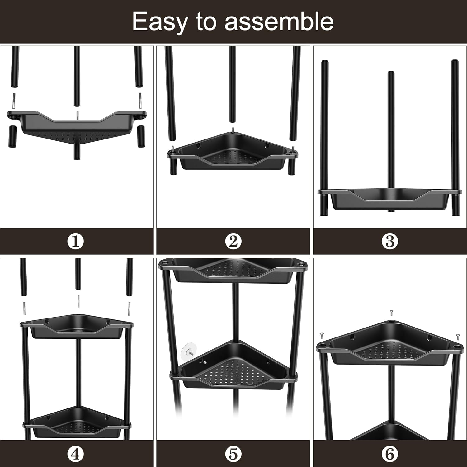 Orimade 4-Tier Rustproof Corner Shower Caddy Organizer - Durable Plastic & Metal, 10.8 x 10.8 x 44.6 Inches, Black