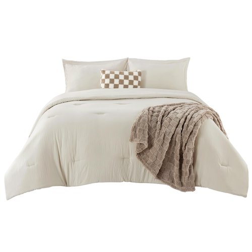 Bedsure King Comforter Set 5 Pieces - Bed in a Bag with Checkered Throw Blanket and Decorative Pillow, Lightweight Bedding Comforter Sets, All Season Boho Bedding, Linen Beige