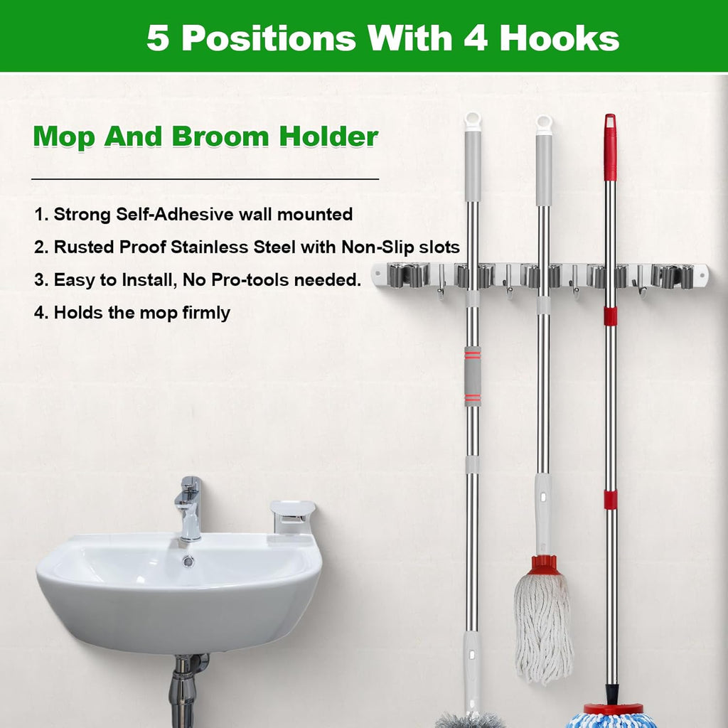 Voze Mop and Broom Holder - 5 Racks & 4 Hooks, Heavy-Duty Wall Mount Organizer for Home & Garage