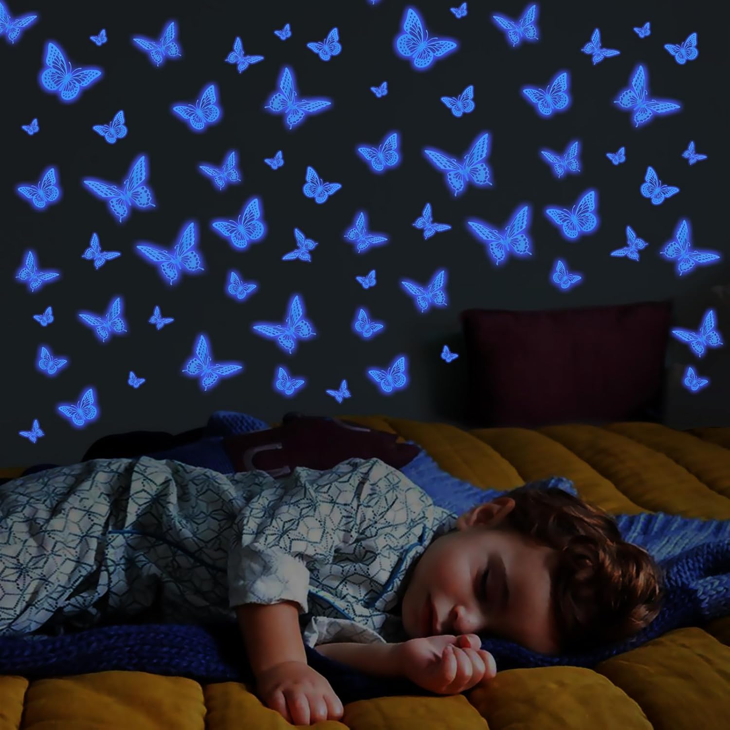 SAOROPEB Glow In The Dark Butterfly Stickers - 24 Pcs in 3 Sizes for Ceiling & Wall Decor | Luminous Kids' Nursery Decor (Blue)