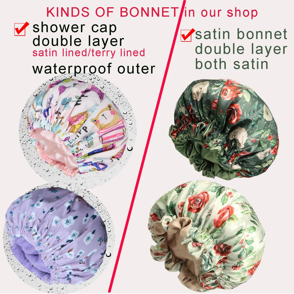 Genergy 2pcs Shower Cap for Women,Including Travel bag and Satin Scrunchy. Frizz-Free Silky Liner, Waterproof Reusable Large Bath Cap for Short and Long Thick Hair, Soft Adjustable Elastic, Non-slip.