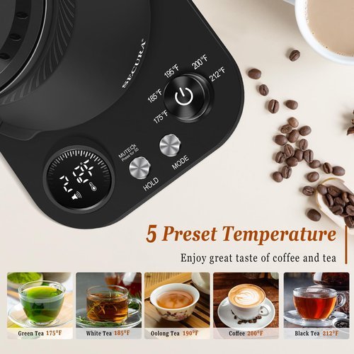 Secura Electric Gooseneck Kettle with 5 Temperature Control Presets, 100% Stainless Steel Inner Tea/Coffee Kettle with 1.5H Keep Warm, 1200 Watt Quick Heating for Coffee Tea Brewing, 0.8L, Matt Black