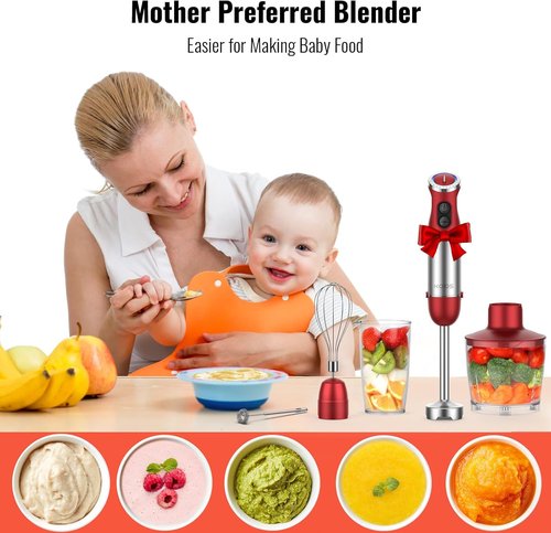 KOIOS 5-in-1 Hand Immersion Blender - 1000W 12-Speed Handheld Mixer with Copper Motor & Stainless Steel Blade | Includes 600ml Beaker, 500ml Food Processor, Whisk & Milk Frother - Non-BPA, Red