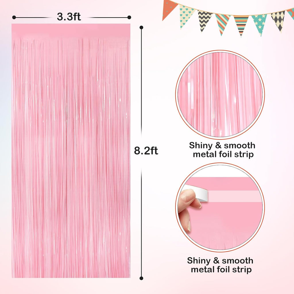 Skiennix Pastel Pink Metallic Tinsel Foil Fringe Curtains - 2 Pack 3.3x8.3 Feet Backdrop for Events
