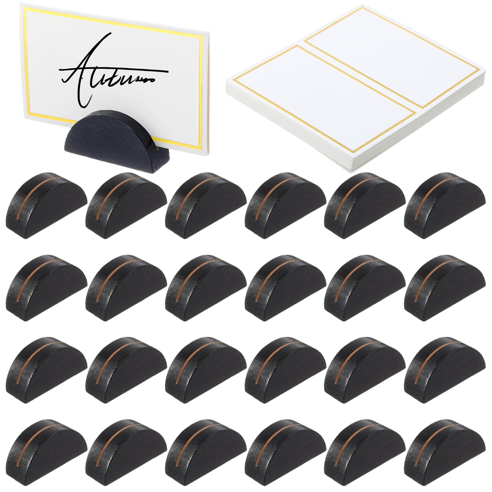Colingmill 24 Pcs Wooden Table Number Stands Wedding Table Name Holder Semicircular Design Place Card Holders with 24 Pcs Tented Cards for Retail Shop Wedding Party Events Decoration(Black)