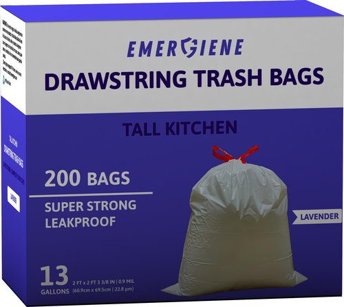 Emergiene 13 Gallon Drawstring Trash Bags, Lavender Scented 200 Count Tall Kichen Garbage Bags, Pre-Separated, Odor Control, Ultra Strong, Leakproof, Sturdy, White