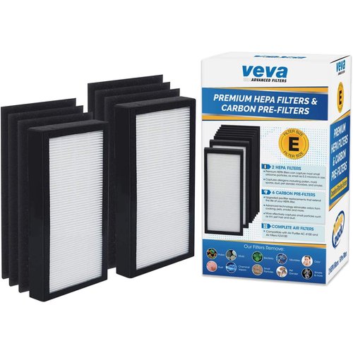 Veva HEPA Filter E Replacement (2 Pack) Compatible with Germ Guardian Air Purifier AC4100 / FLT4100. Pack of 2 HEPA Filters / 6 Carbon Pre-Filters.