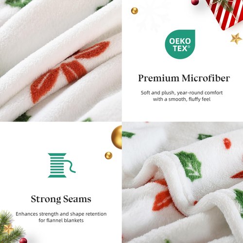 Christmas Fleece Print Throw Blanket Twin Size, Super Soft Plush Cozy Fuzzy Red Floral and Green Leaves Printed Twin Blankets for Couch Sofa Bed, and Home, Microfiber Flannel, All Seasons 60x80 Inches